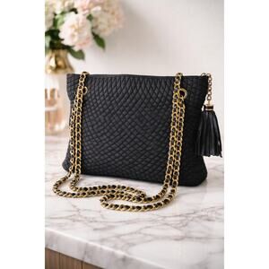 Bally Quilted Chain Bag Black Fabric Gold Chain Tassel Made in Italy